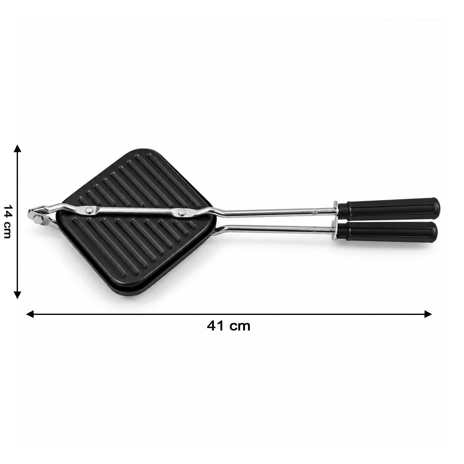Overhead view of the black sandwich maker with dimensions of 14 cm by 41 cm indicated with arrows.