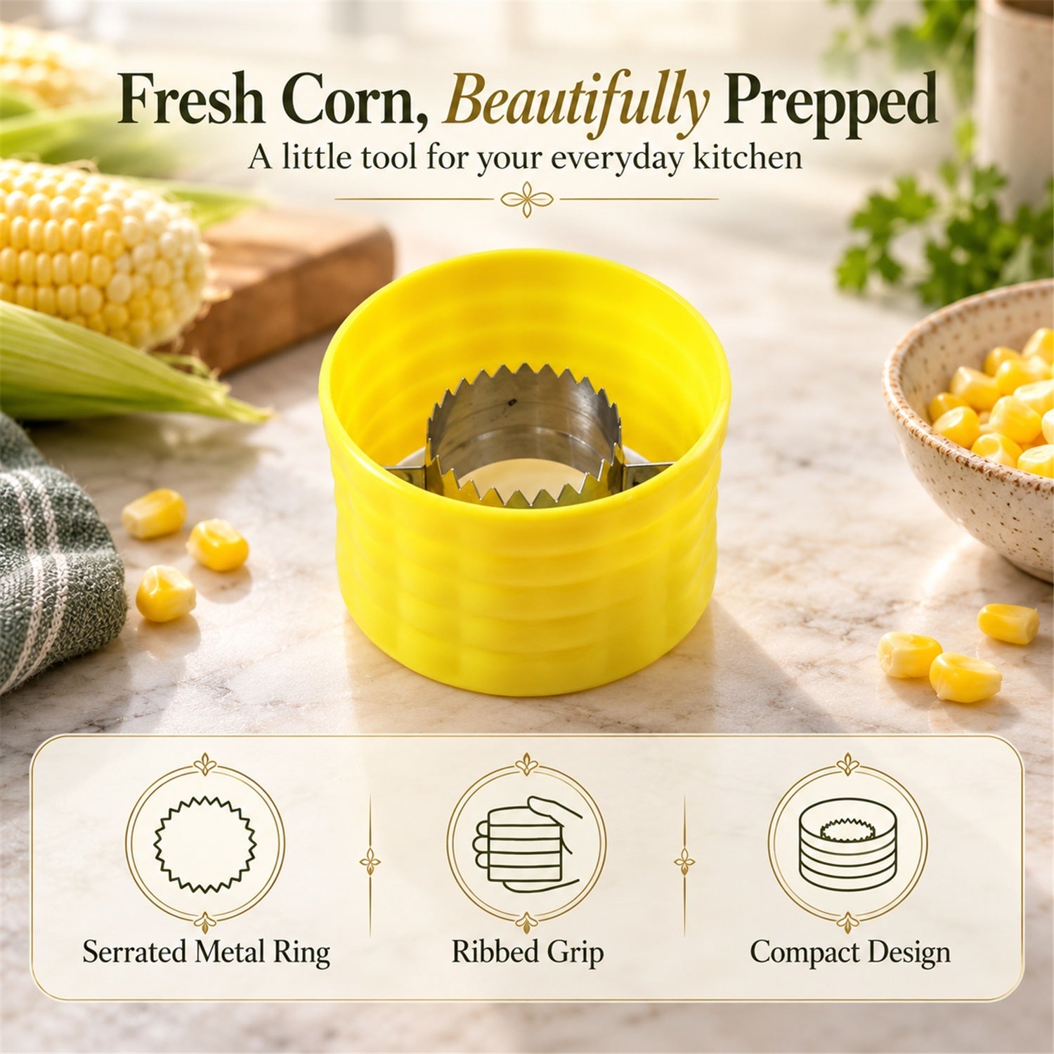 A yellow corn stripper on a speckled counter with text highlighting its serrated metal ring, ribbed grip, and compact design.