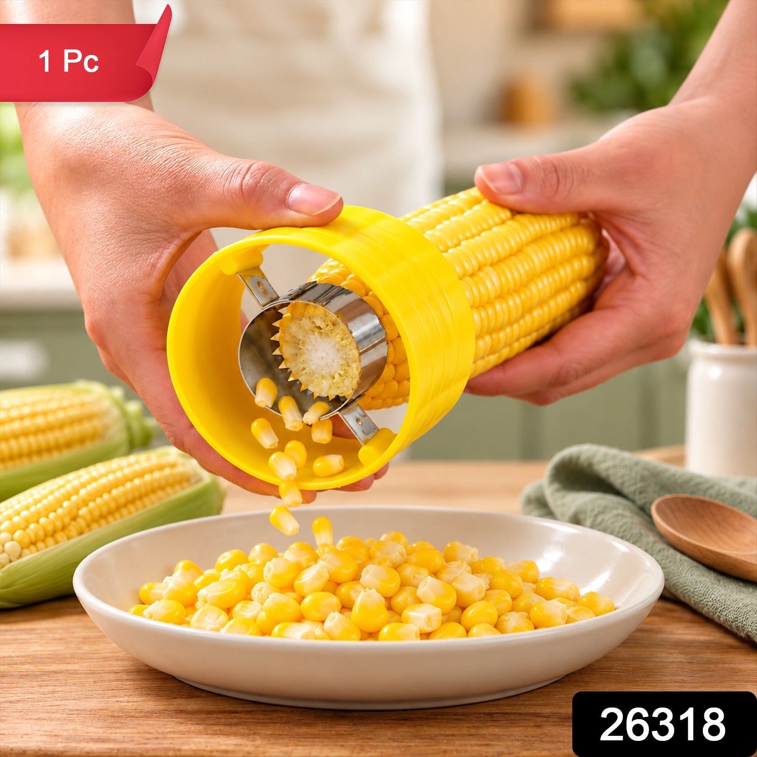Hands using a yellow corn stripper to remove kernels from a cob, filling a white bowl with fresh corn.