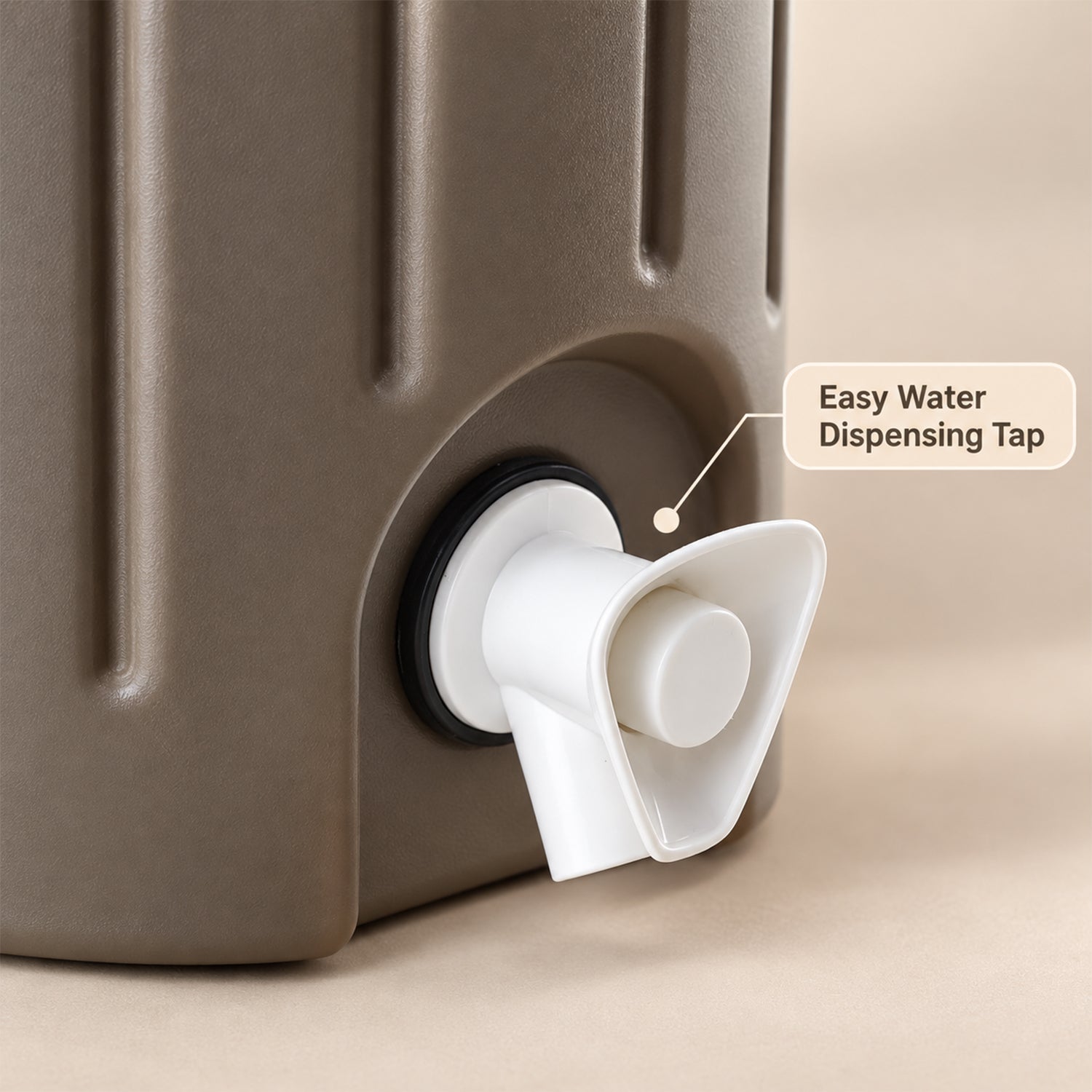 A close-up view of the white dispensing tap on the side of the brown insulated jug.