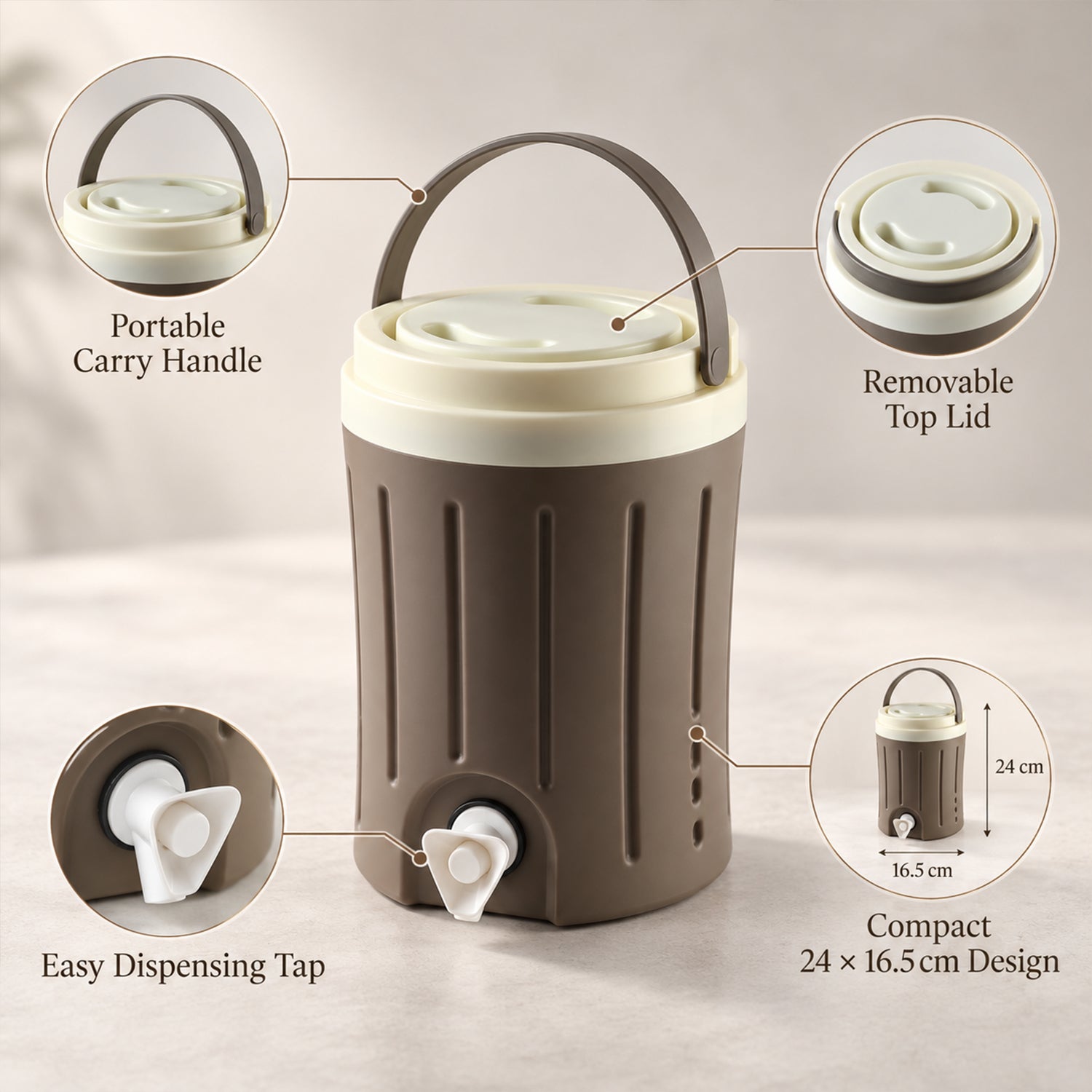An infographic of the brown and cream insulated jug highlighting its handle, lid, tap, and dimensions.