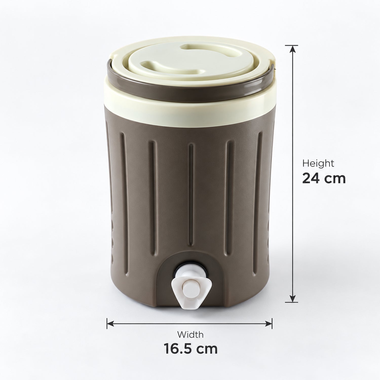 A brown and cream insulated jug with a tap displays its height as 24 cm and width as 16.5 cm.