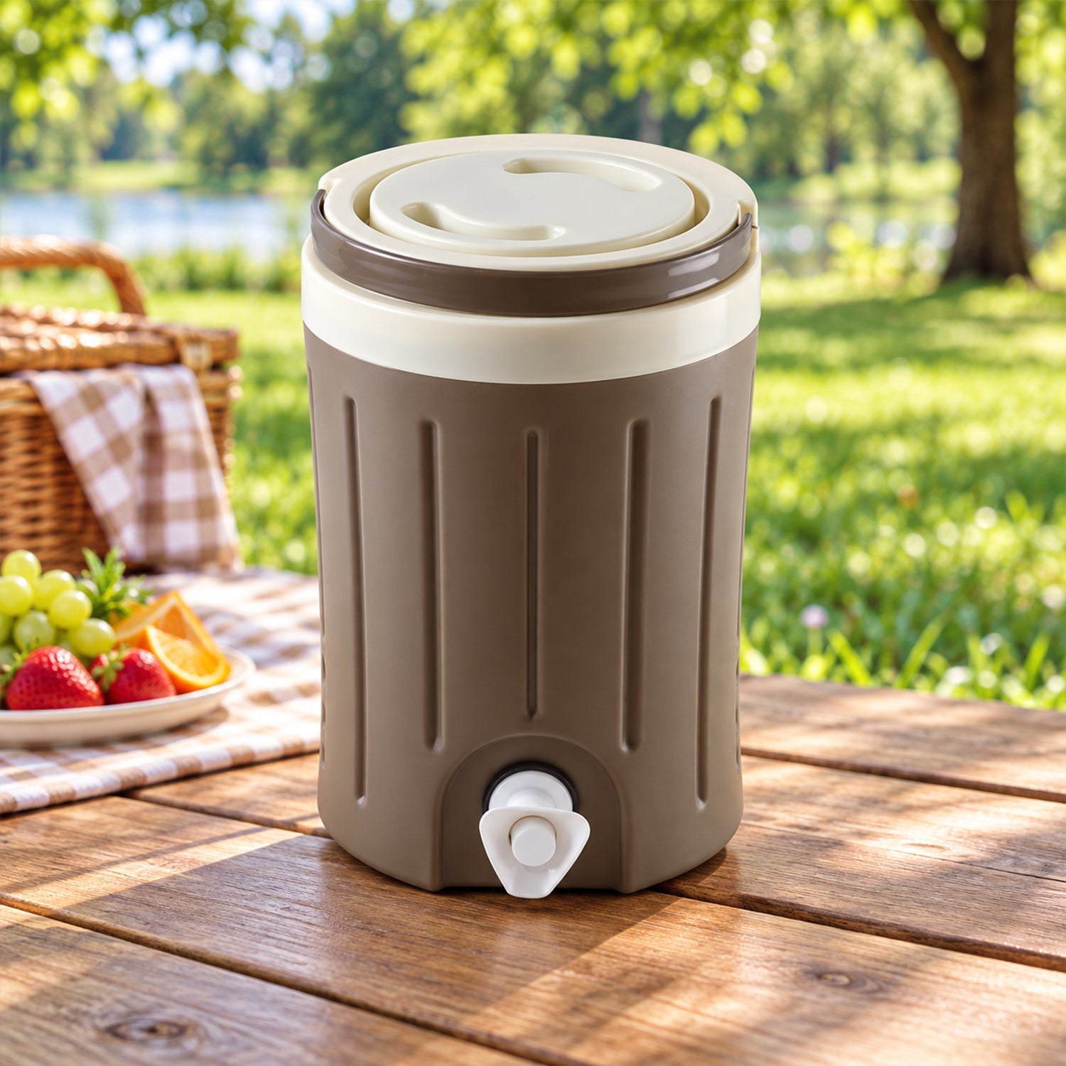 A brown and cream insulated jug with a tap sits on a wooden picnic table with fruit and a basket nearby.