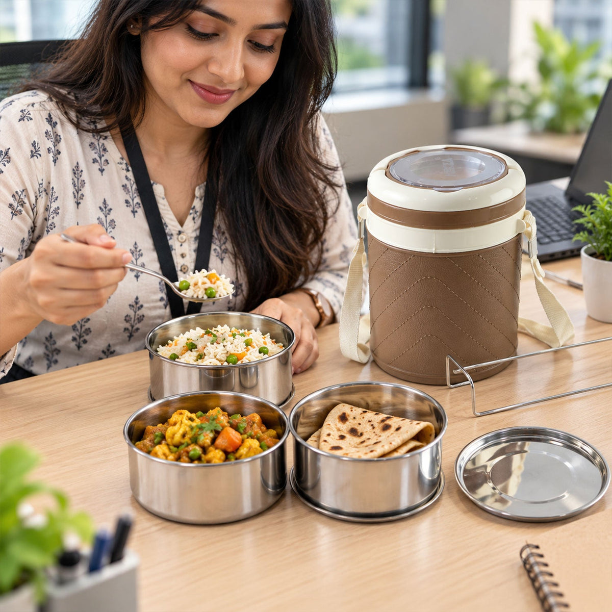 A woman eating from a brown and cream insulated tiffin box with three steel containers filled with food.