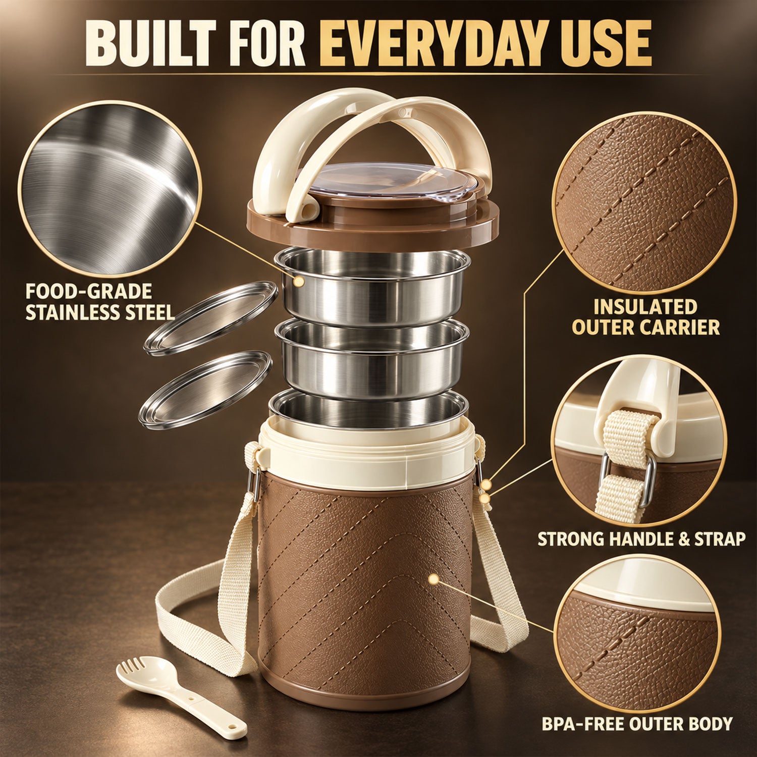 An exploded view of the brown and cream insulated tiffin box showing its stainless steel containers, insulated outer