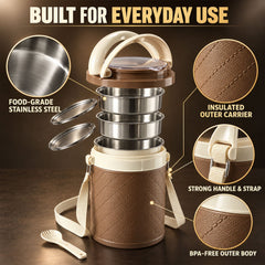 An exploded view of the brown and cream insulated tiffin box showing its stainless steel containers, insulated outer