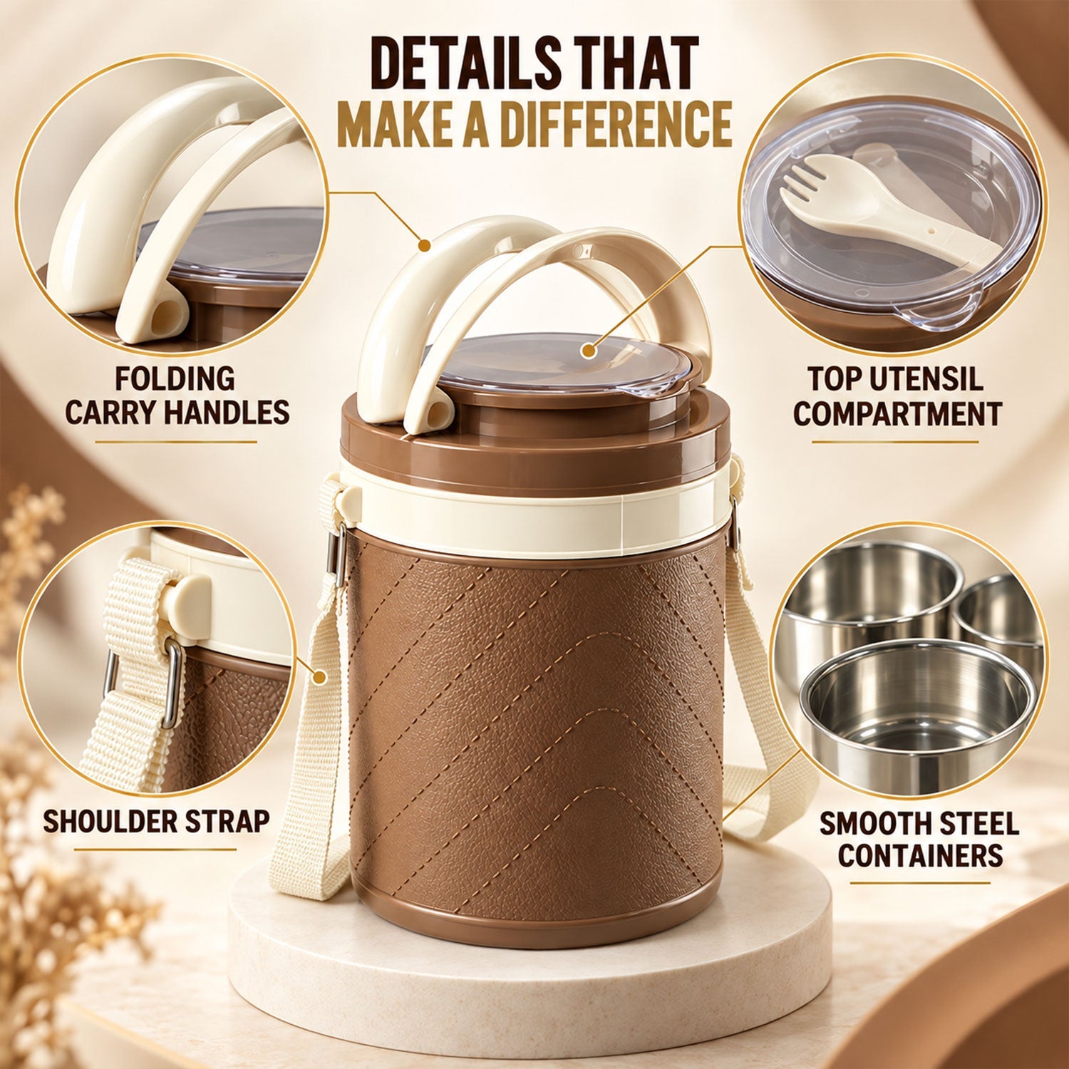 A brown and cream insulated tiffin box with a shoulder strap and handle, with callouts highlighting its folding carry