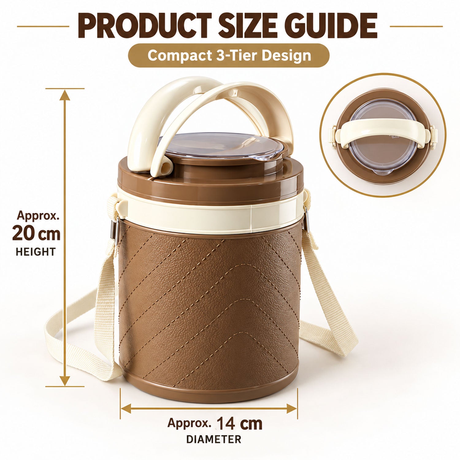 A brown and cream insulated tiffin box with a shoulder strap and handle, with dimensions of approximately 20 cm height and