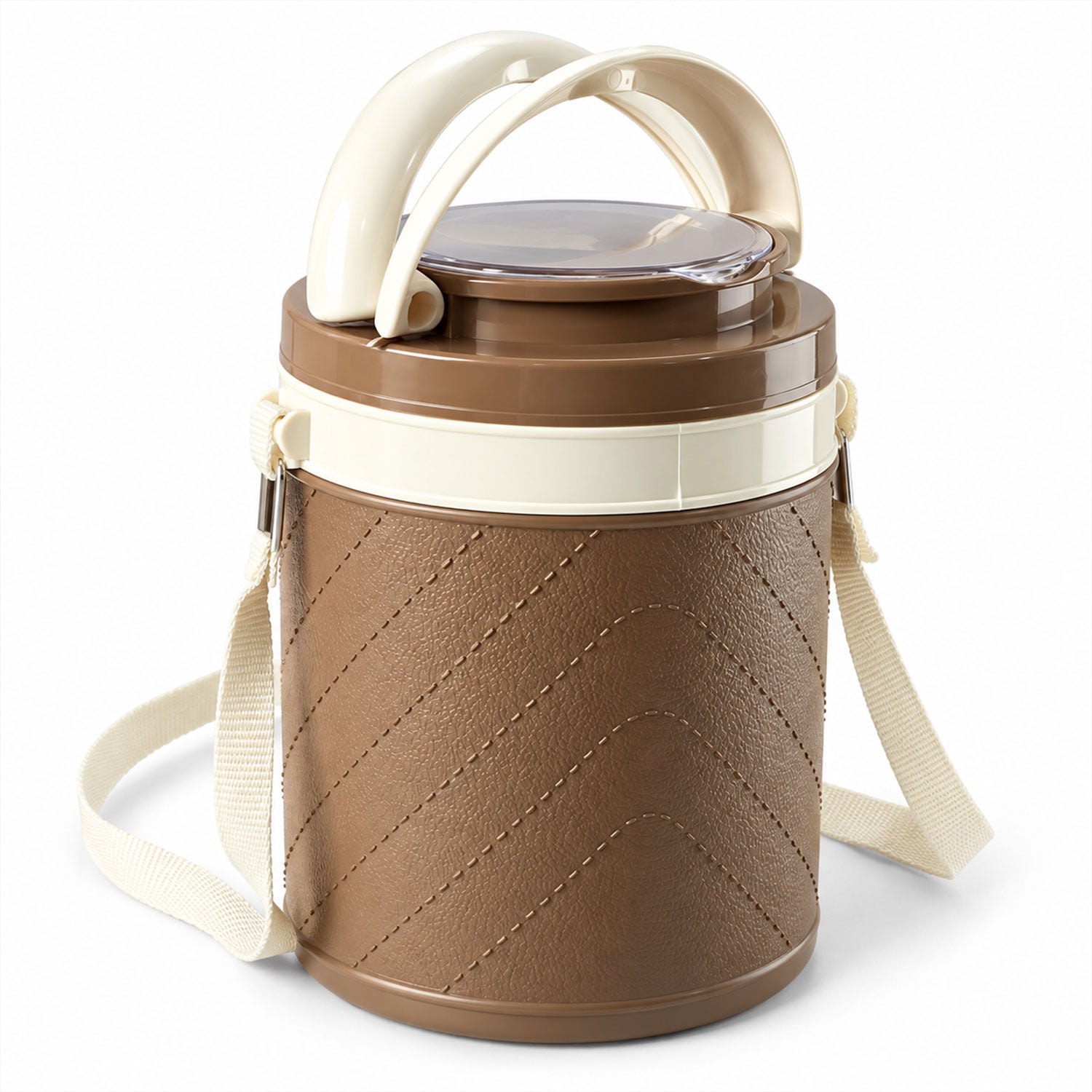 A brown and cream insulated tiffin box with a shoulder strap and handle, on a white background.