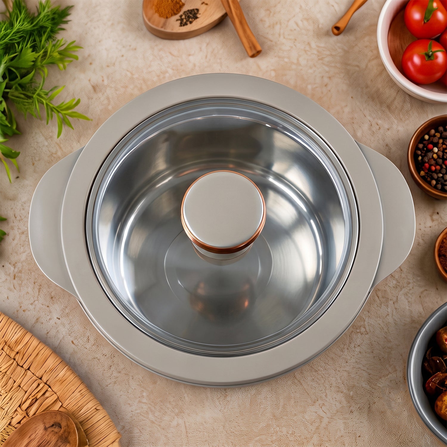 An overhead view of the gray insulated casserole dish with its clear lid, surrounded by cooking ingredients.