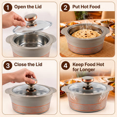 Four step-by-step images show how to open, fill, close, and keep food warm in the casserole dish.