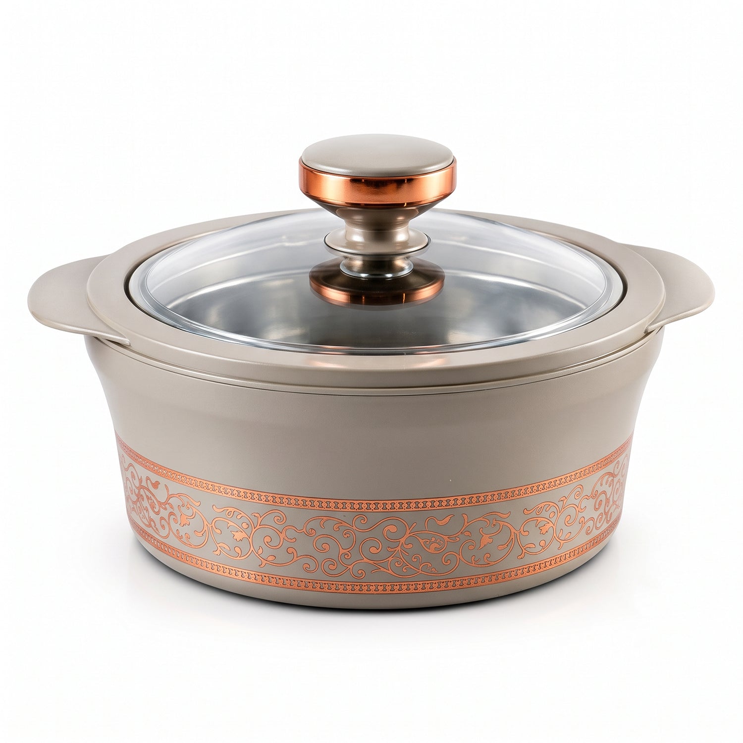 A gray insulated casserole dish with a copper-colored decorative band and a clear lid on a white background.