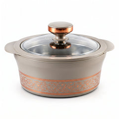 A gray insulated casserole dish with a copper-colored decorative band and a clear lid on a white background.