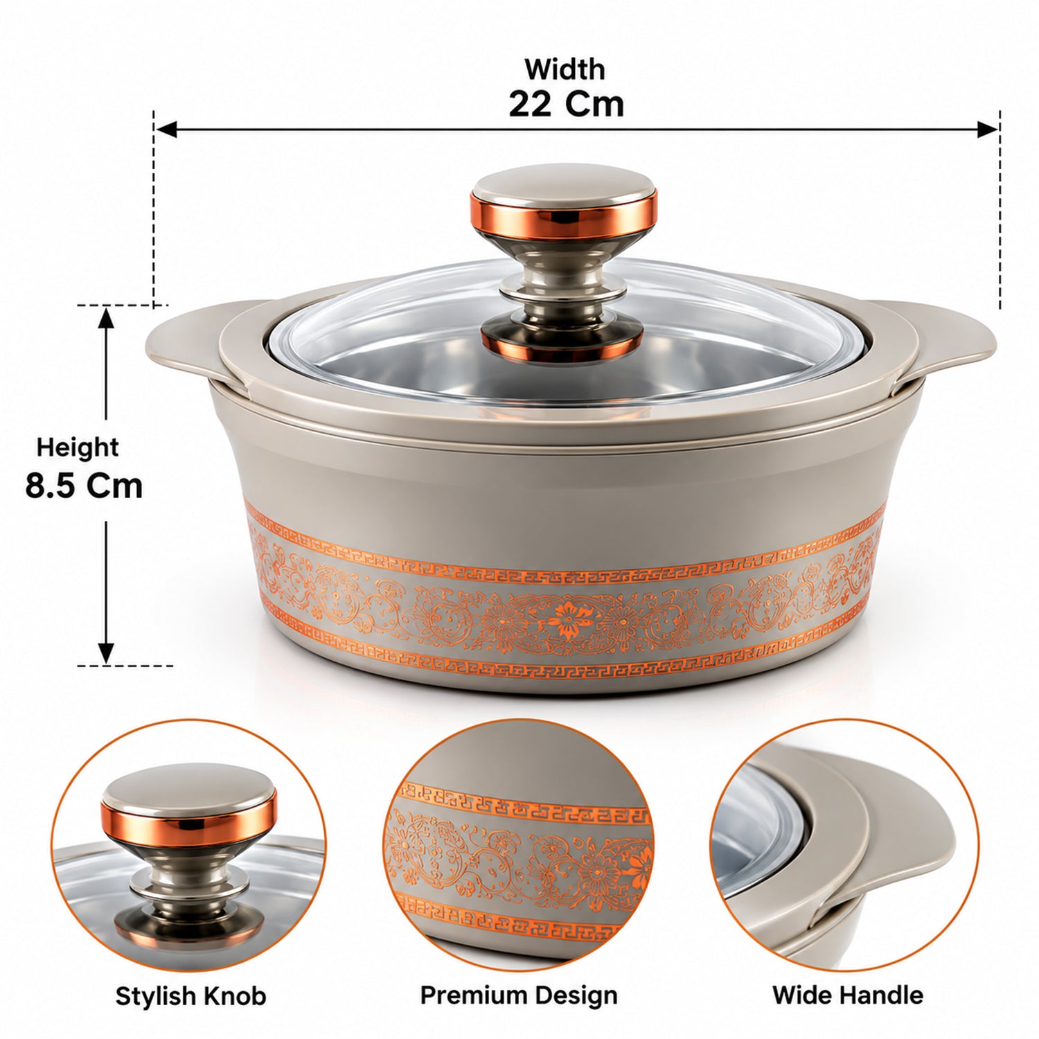 A gray insulated casserole dish with a clear lid, showing its dimensions and close-ups of the knob, design, and handle.