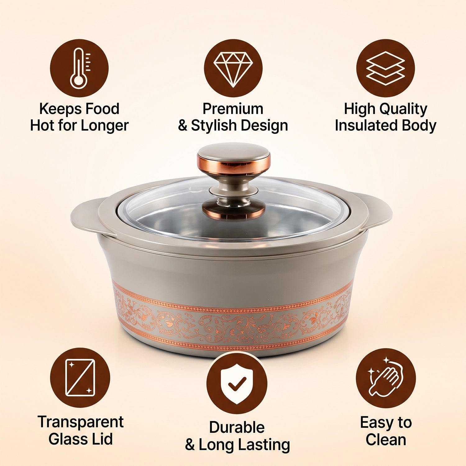 A gray insulated casserole dish with a clear lid, surrounded by icons highlighting its features like insulation and