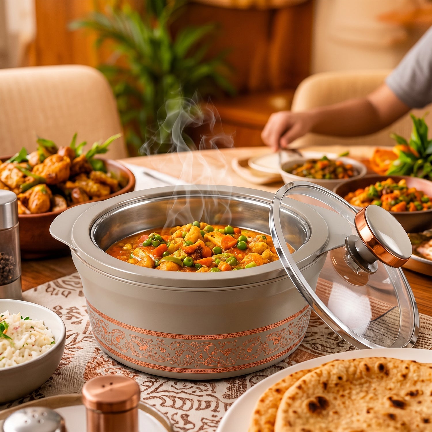A gray insulated casserole dish filled with steaming curry, with its lid resting beside it on a dining table.
