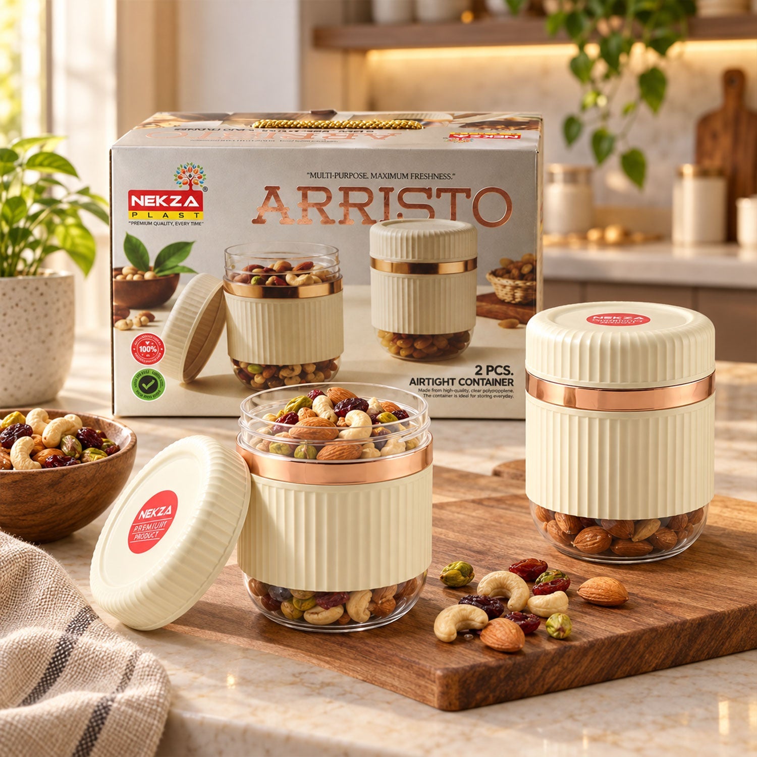 Two clear and cream ribbed containers with rose gold bands, one open, filled with nuts and dried fruit on a wooden board.