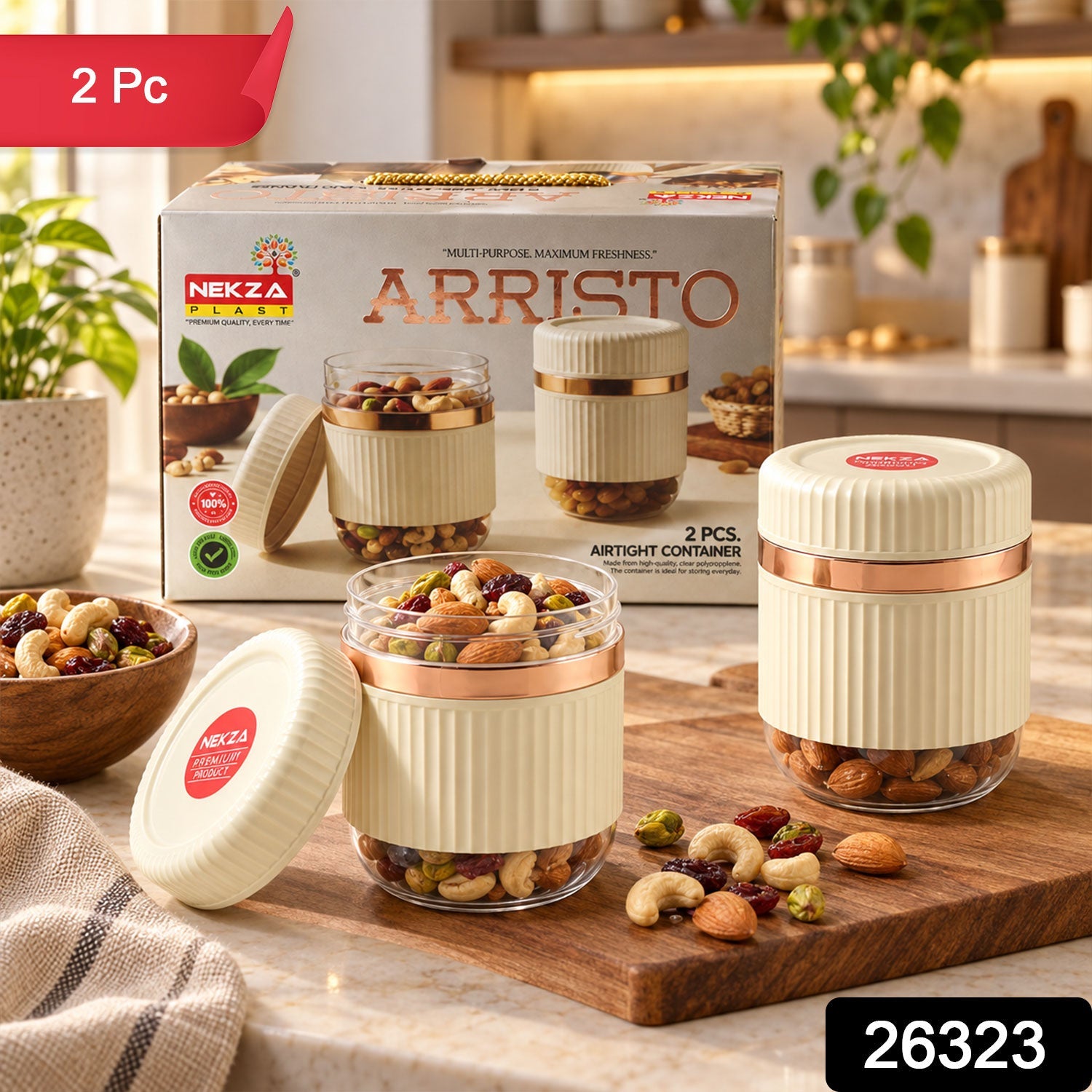 Two cream and clear ribbed containers with rose gold bands, one open, filled with nuts and dried fruit on a wooden board.
