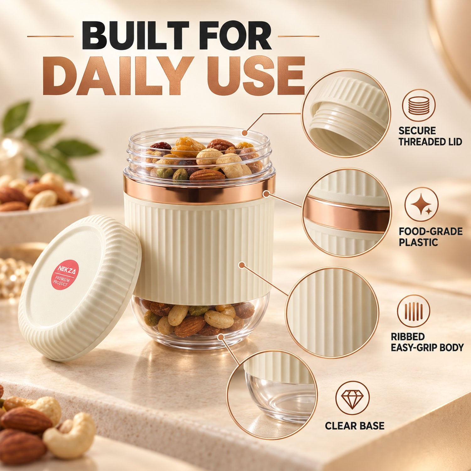 A single cream and clear ribbed container with a rose gold band, open, filled with nuts and dried fruit, showing product