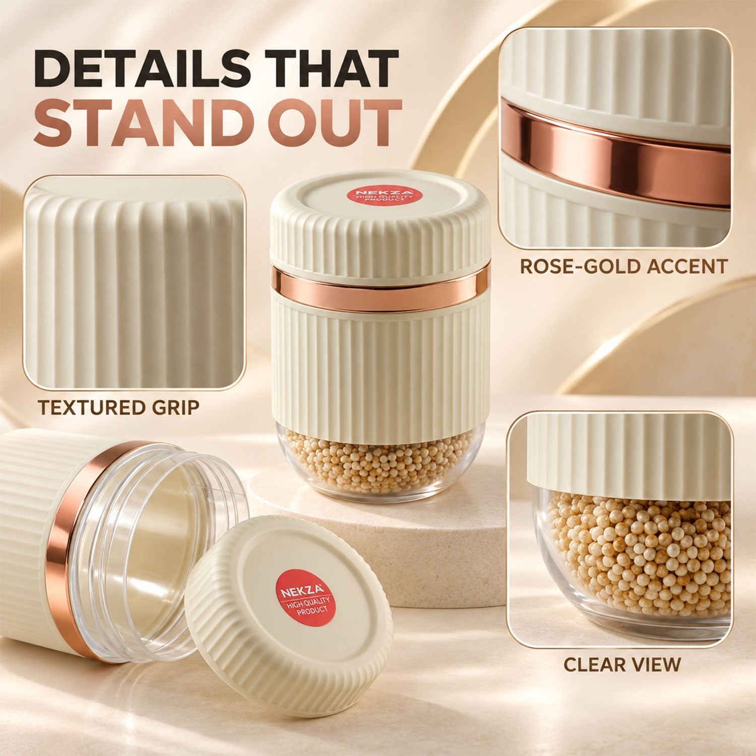 A cream and clear ribbed container with a rose gold band, showing close-up details of its textured grip, clear view, and lid.