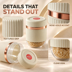 A cream and clear ribbed container with a rose gold band, showing close-up details of its textured grip, clear view, and lid.