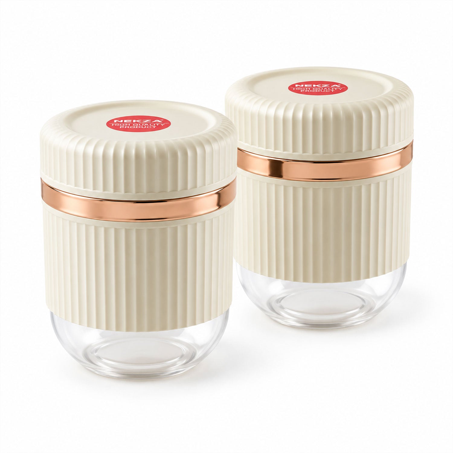 Two matching cream and clear ribbed containers with rose gold bands, lids closed, displayed against a plain white background.