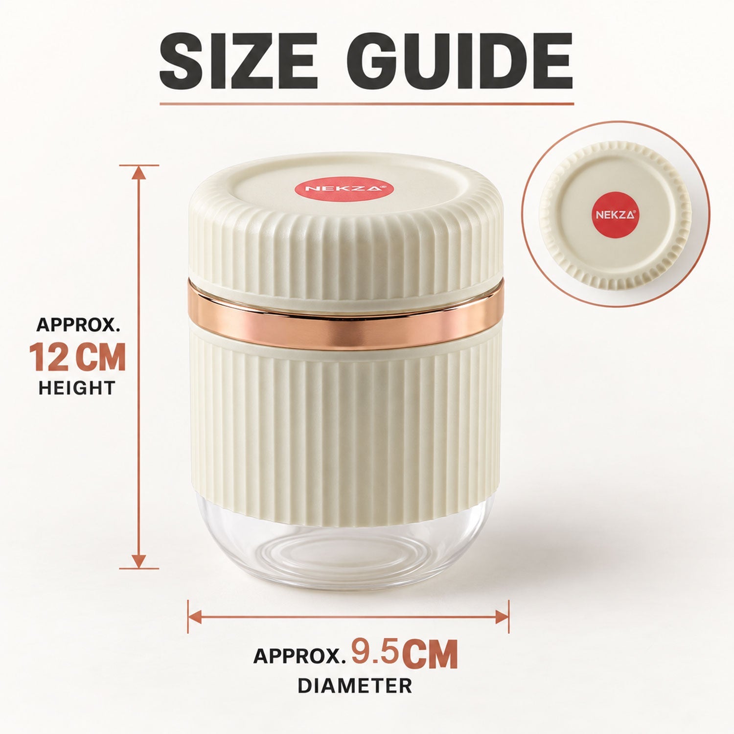 A single cream and clear ribbed container with a rose gold band, displaying its approximate height and diameter measurements.