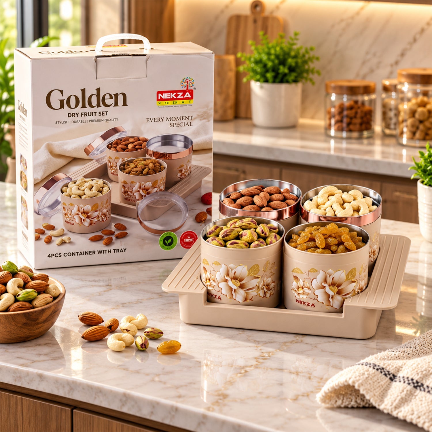 Four beige floral containers with rose gold lids, filled with nuts, on a tray next to a product box.