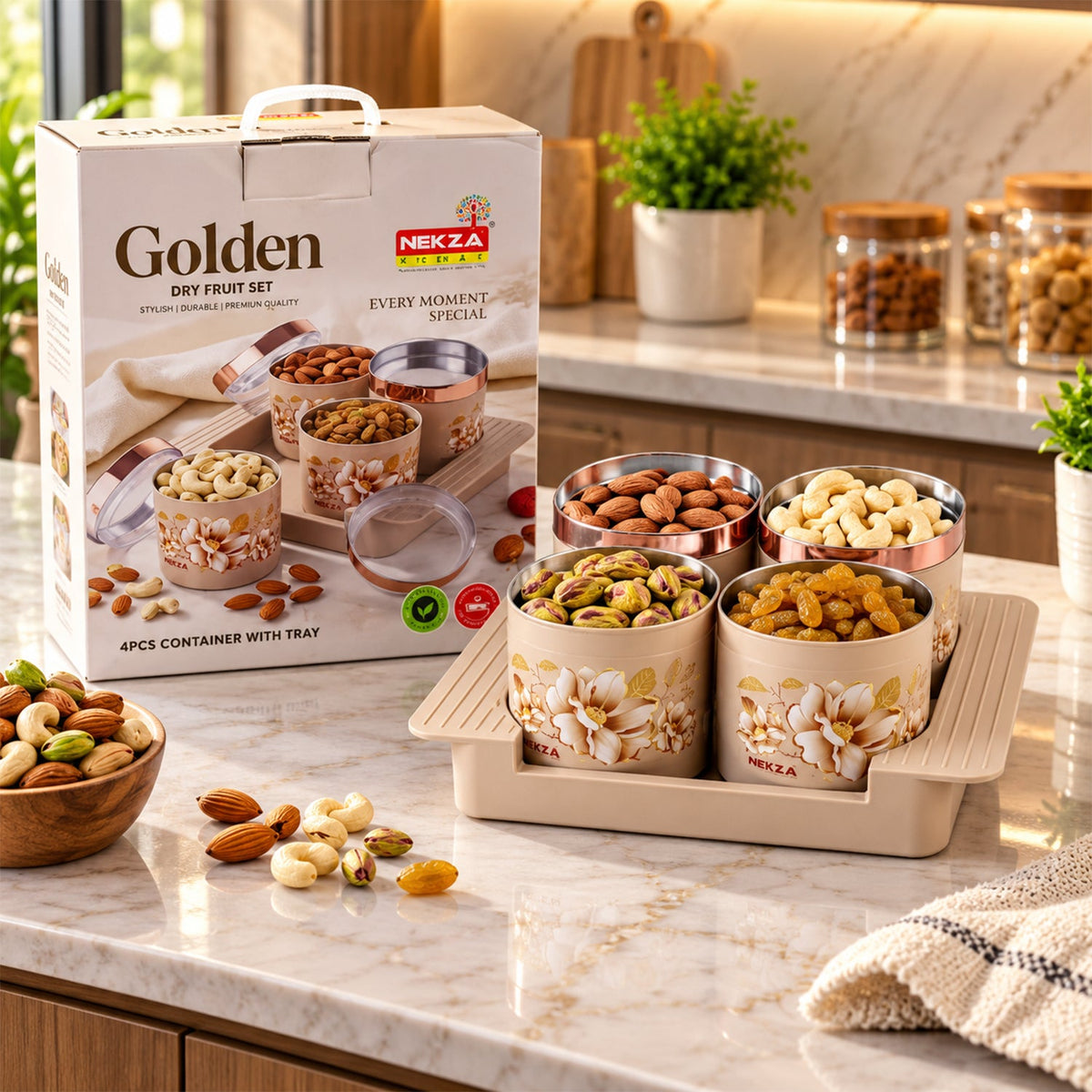 Four beige floral containers with rose gold lids, filled with nuts, on a tray next to a product box.