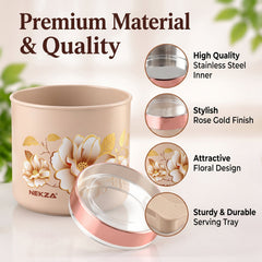 A single beige floral container with a rose gold lid, showcasing its stainless steel inner, floral design, and sturdy tray.