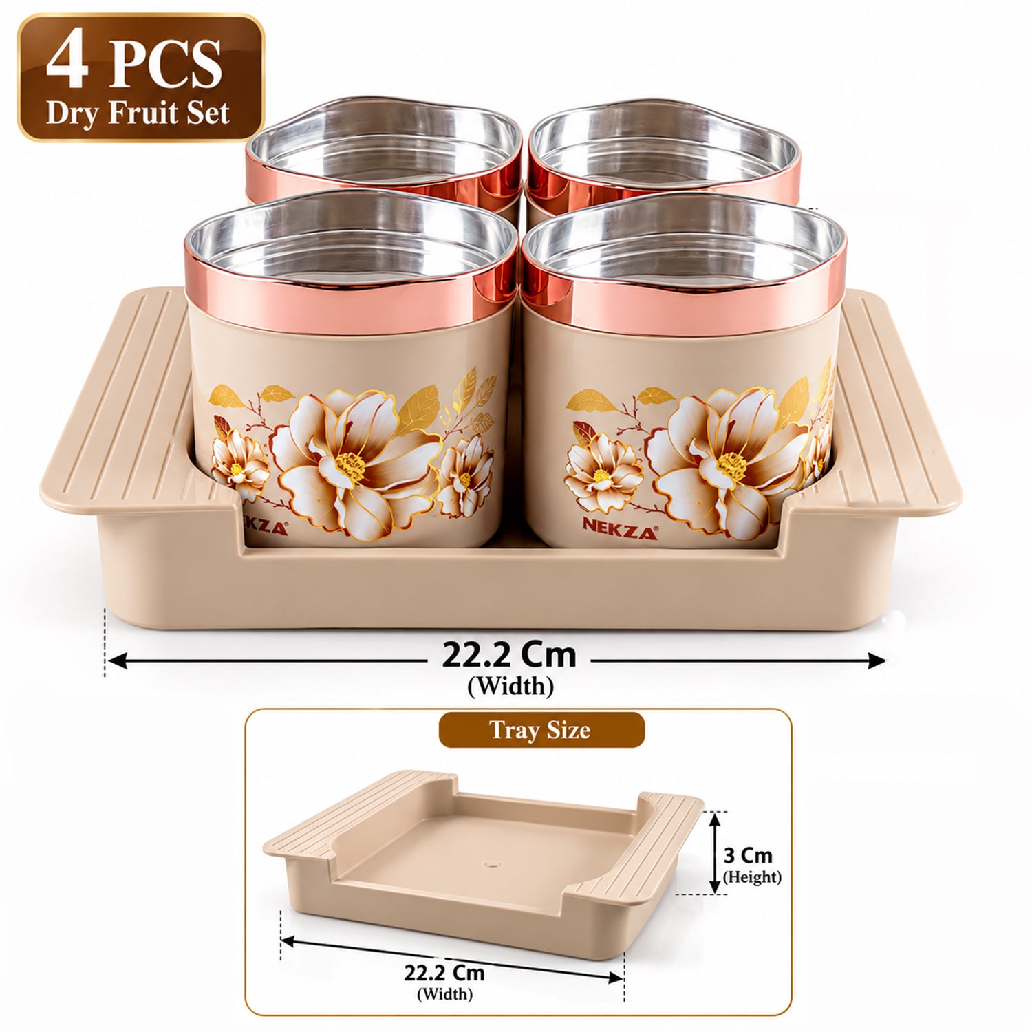 Four beige floral containers with rose gold lids on a tray, with dimensions indicating the tray is 22.2 cm wide and 3 cm