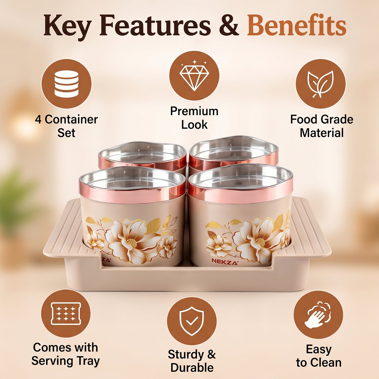 Four beige floral containers with rose gold lids on a tray, surrounded by icons highlighting features like premium look and