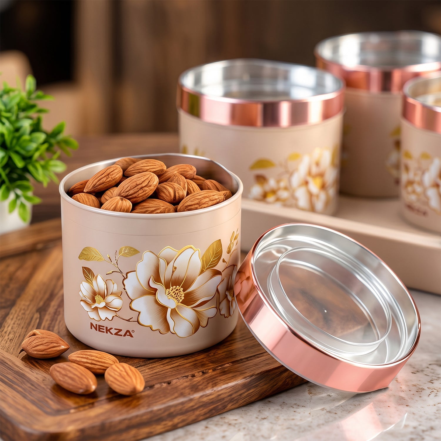 A beige floral container filled with almonds, with its rose gold lid resting beside it on a wooden board.
