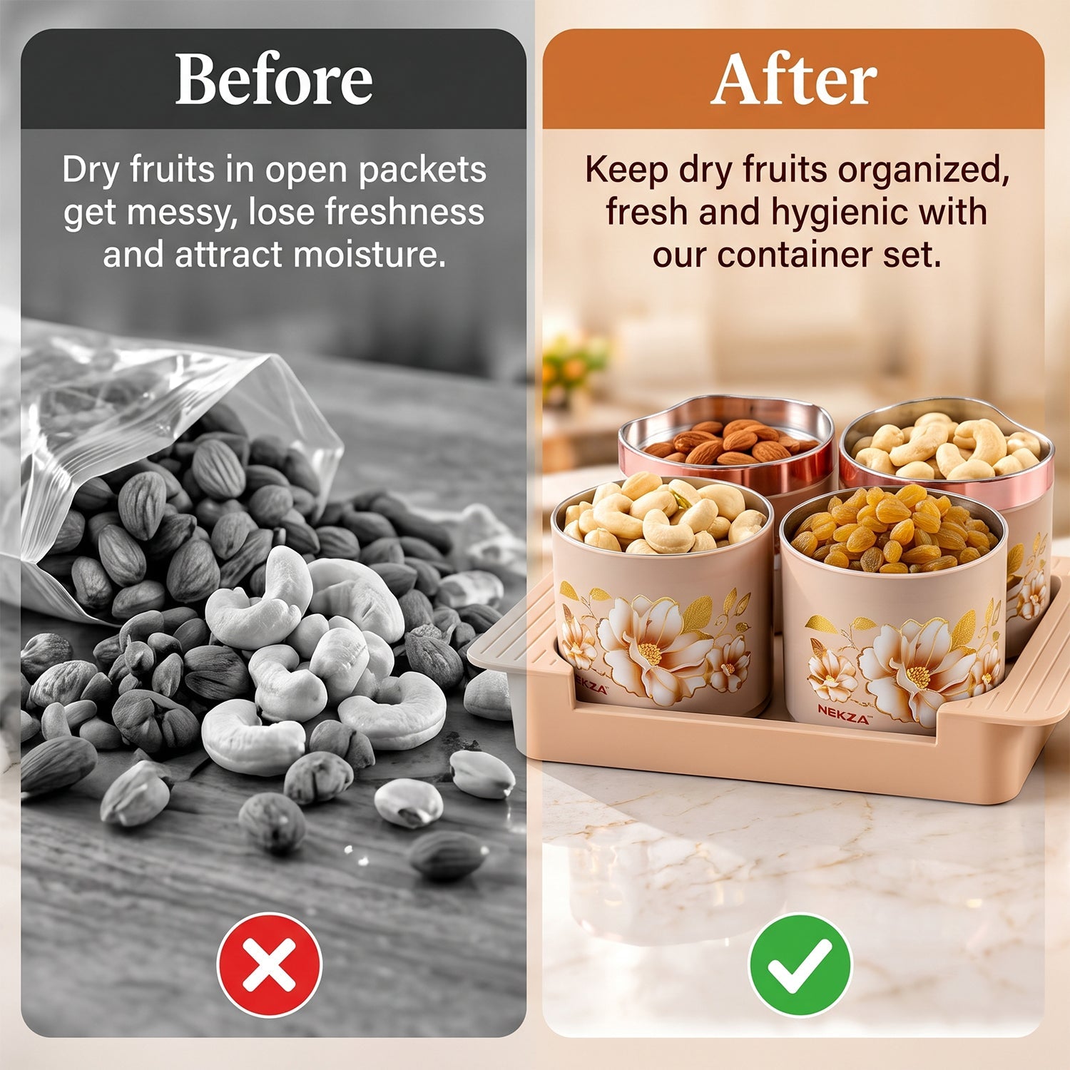 A split image showing messy dry fruits in a bag on the left, and the organized floral container set on the right.