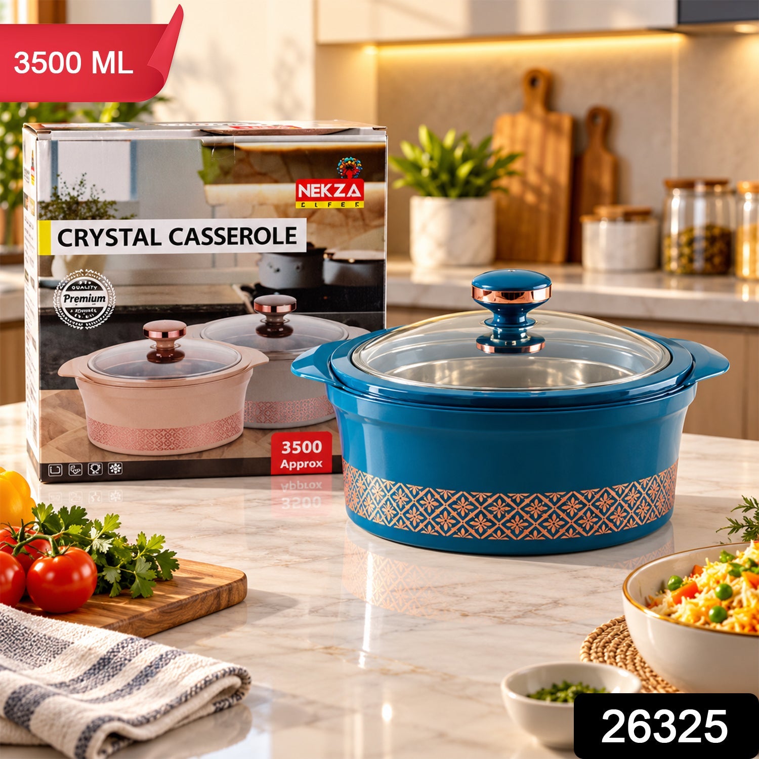 A teal insulated casserole dish with a clear lid and copper-colored knob, with a red 3500 ML banner.