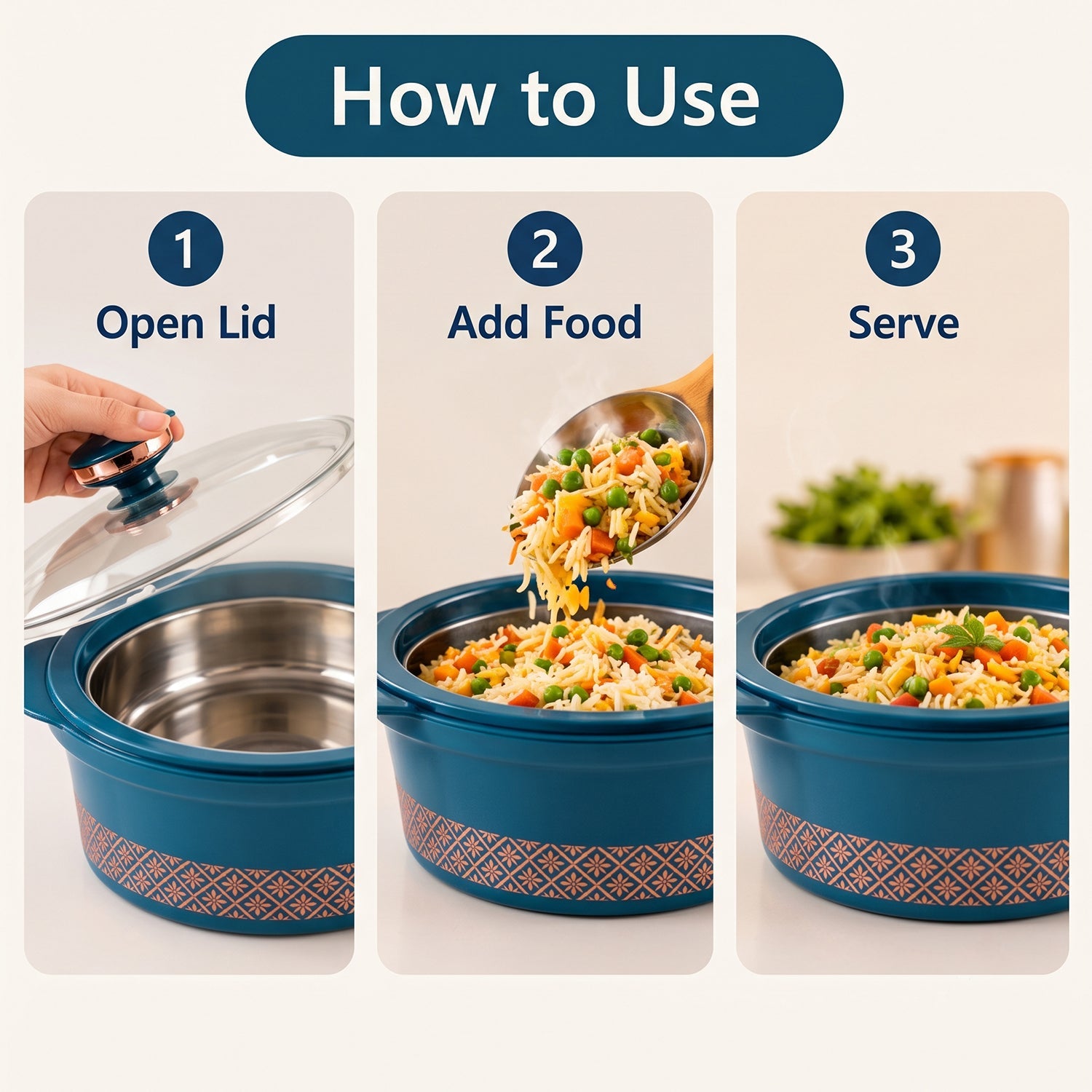 Three panels showing how to use the casserole: opening the lid, adding food, and serving.