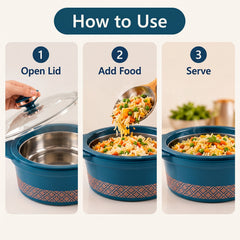 Three panels showing how to use the casserole: opening the lid, adding food, and serving.