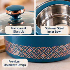 Close-up of the casserole: transparent glass lid, stainless steel inner bowl, and decorative design.