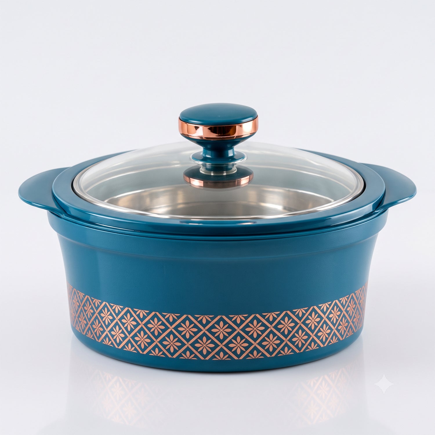 A teal insulated casserole dish with a clear lid and copper knob, displayed on a white background.