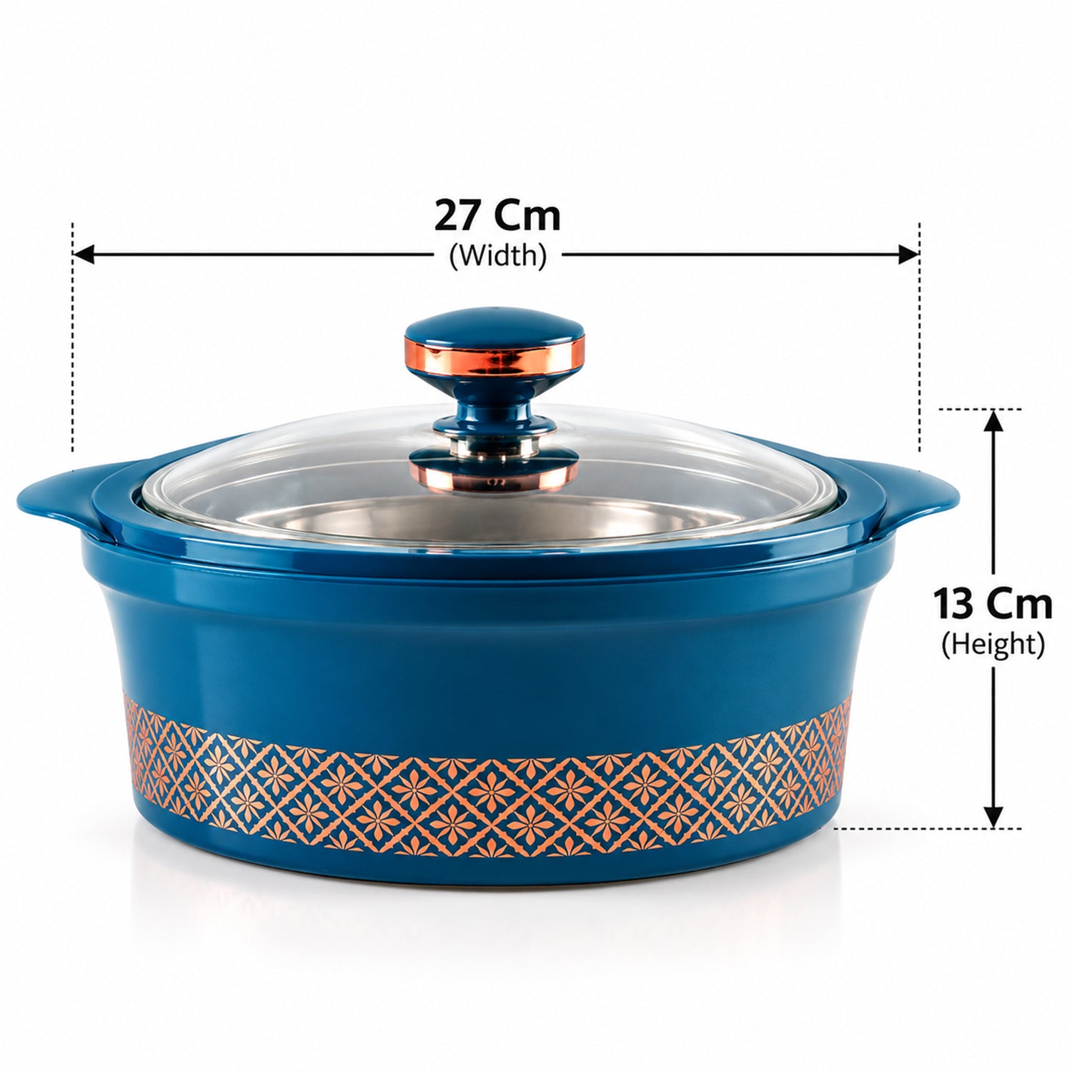 A teal insulated casserole dish with a clear lid, showing its width as 27 cm and height as 13 cm.