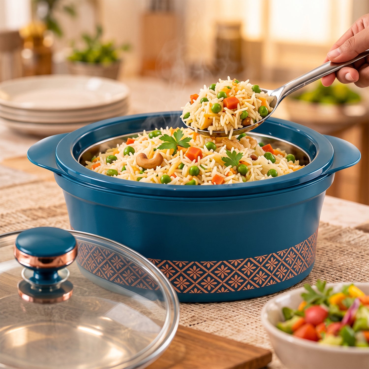 A person serving rice with vegetables and cashews from the teal casserole dish onto a plate.