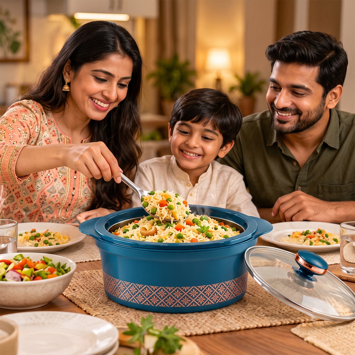 A family smiling around a table, serving rice from the teal casserole dish during a meal.