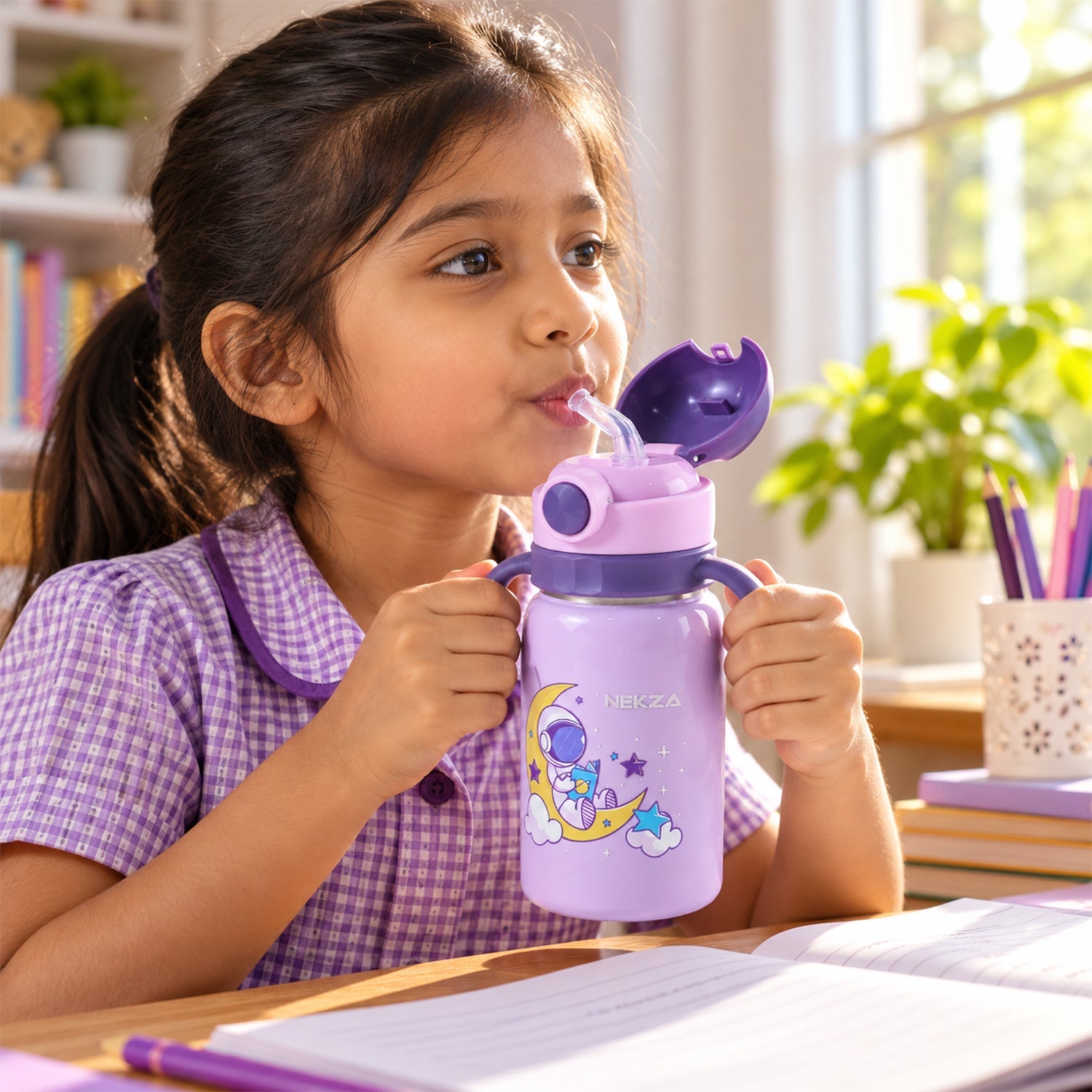 A young girl in a purple uniform sips from a purple astronaut-themed water bottle with handles at a desk.