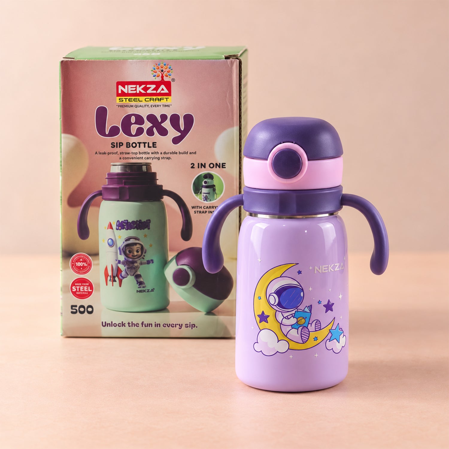 A purple Nekza Lexy sip bottle with an astronaut print sits next to its green-colored packaging.