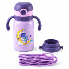 A purple astronaut-themed water bottle with handles, a matching lid, and a striped purple strap on a white surface.