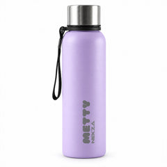 A light purple Metty water bottle with a silver cap and black carry strap stands upright on a white surface.
