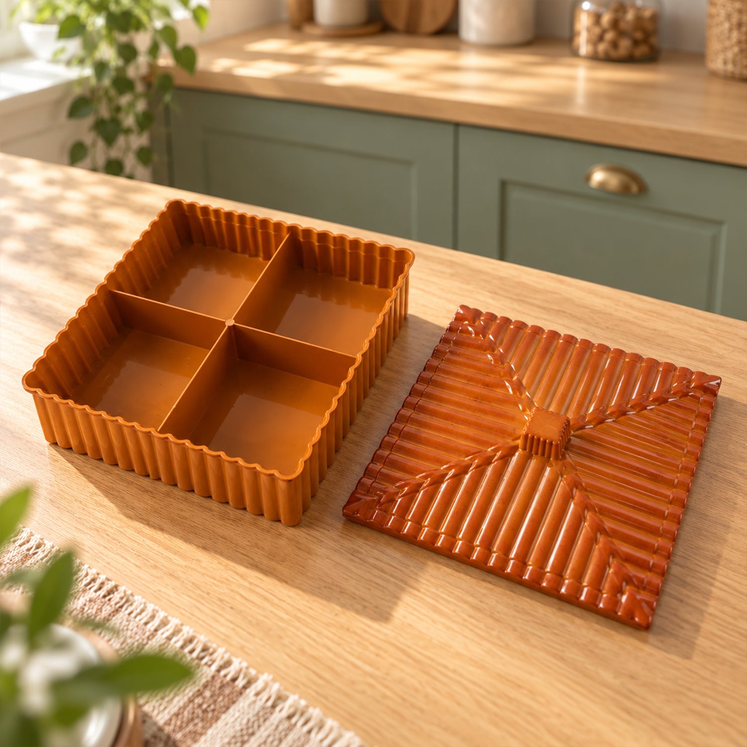 An empty brown four-compartment dry fruit box and its ribbed lid are displayed on a wooden kitchen counter.