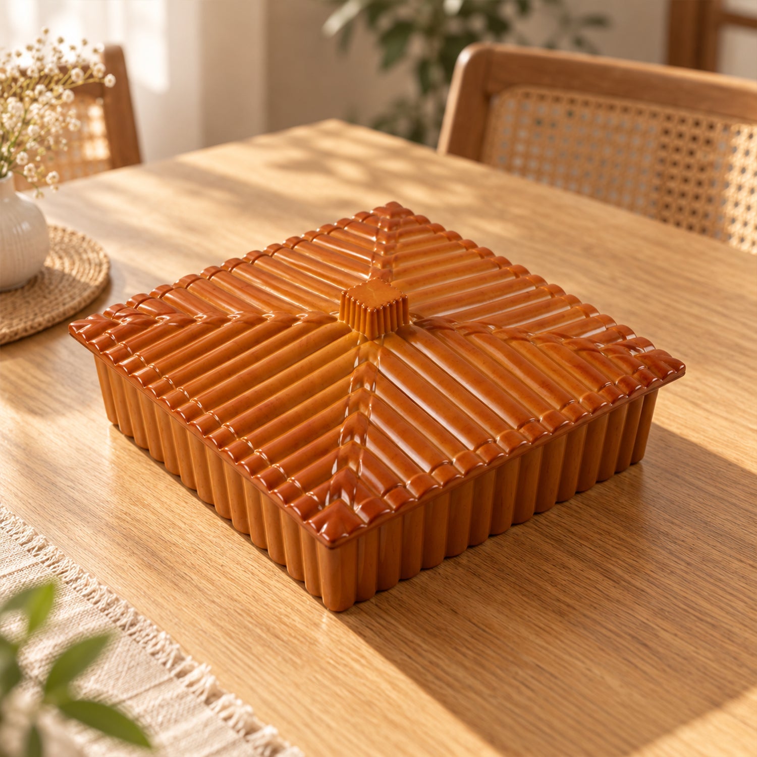A closed brown square dry fruit box with a ribbed lid sits on a light wooden table in a cozy room setting.