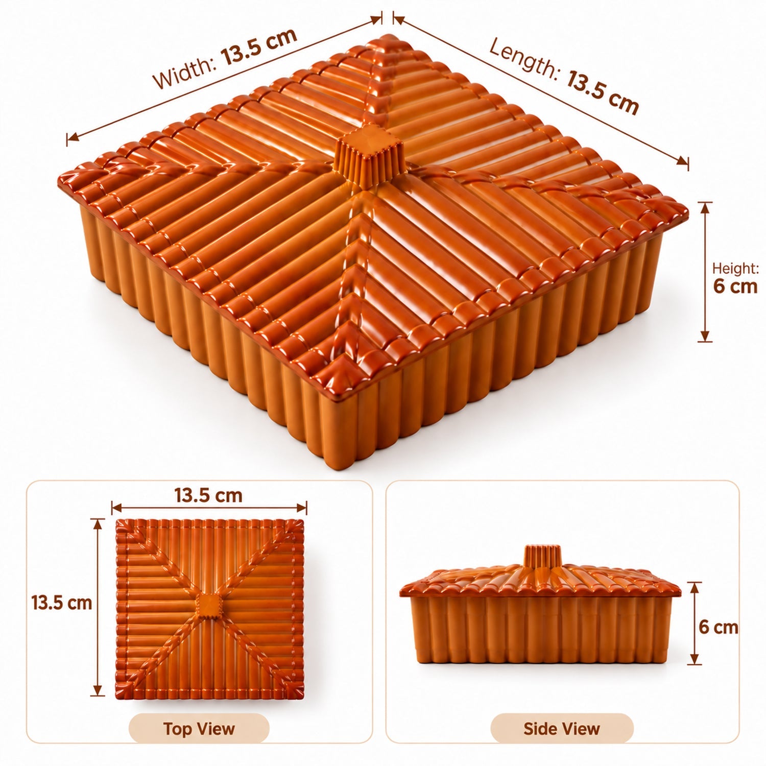 Three views of a brown square dry fruit box with a ribbed lid, showing its width, length, and height dimensions.