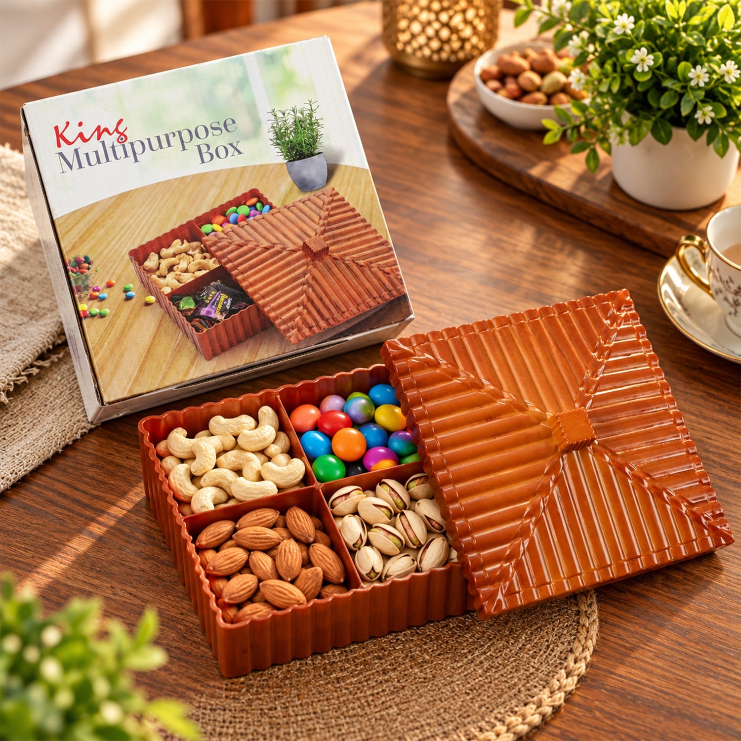 Brown four-compartment dry fruit and snack box with a ribbed lid, filled with various nuts and candies.